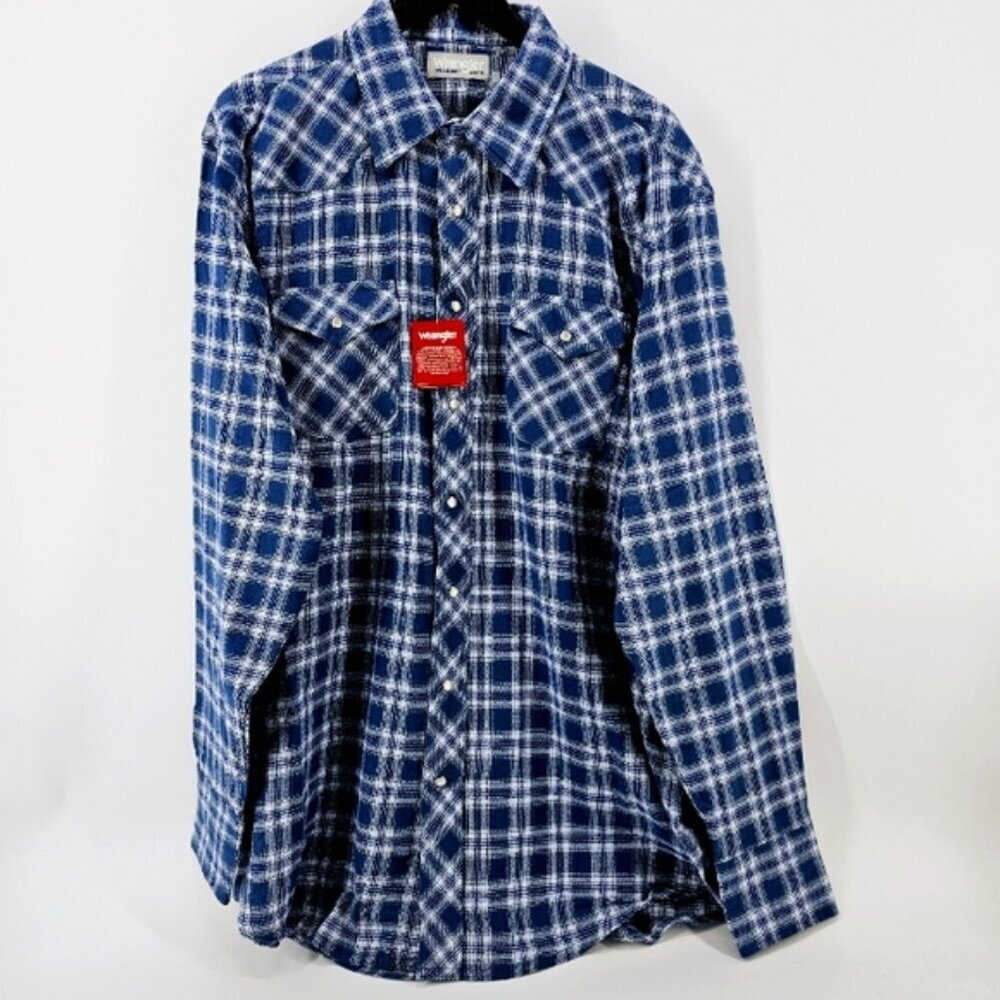 NWT Wrangler 2XT Blue Snap Front Plaid Cotton Flannel Long Sleeve Shirt